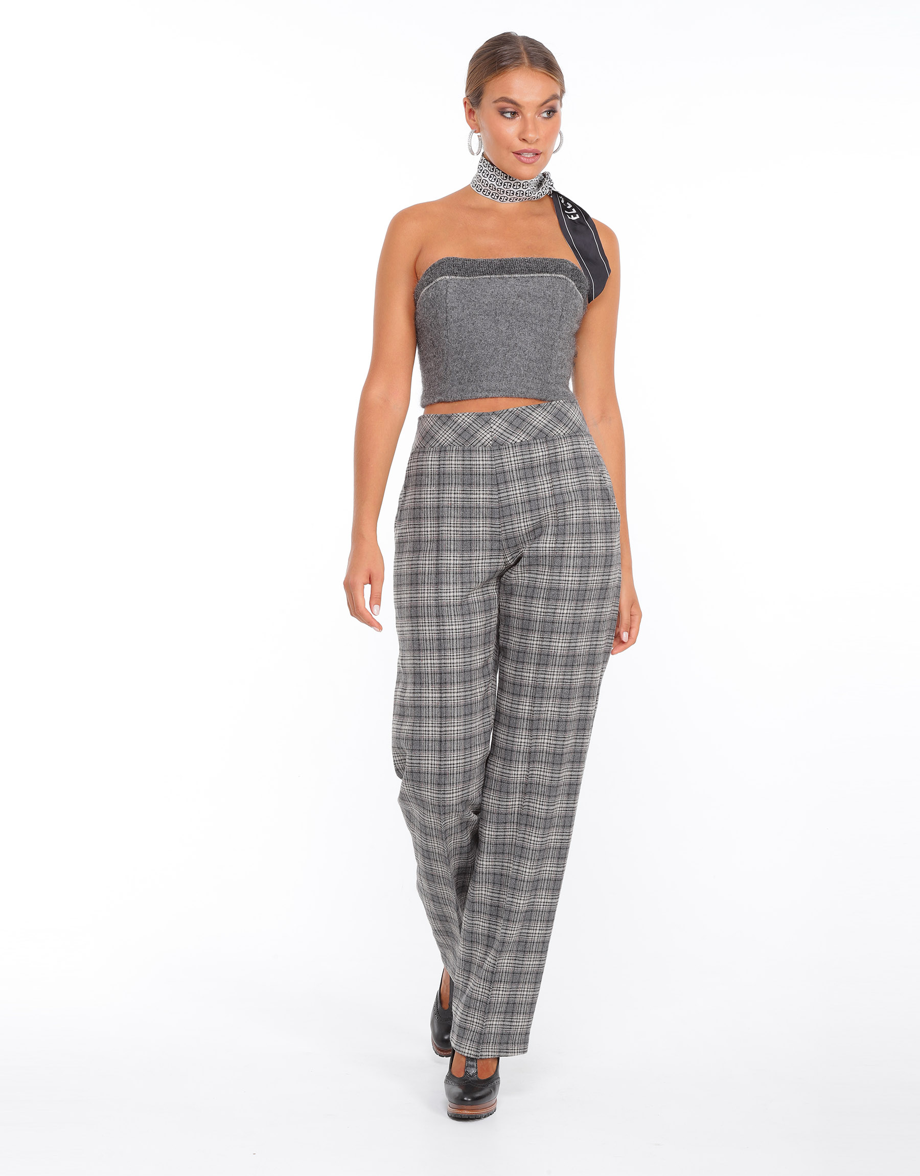 High-waisted straight wool trousers with grey, black and white checkered